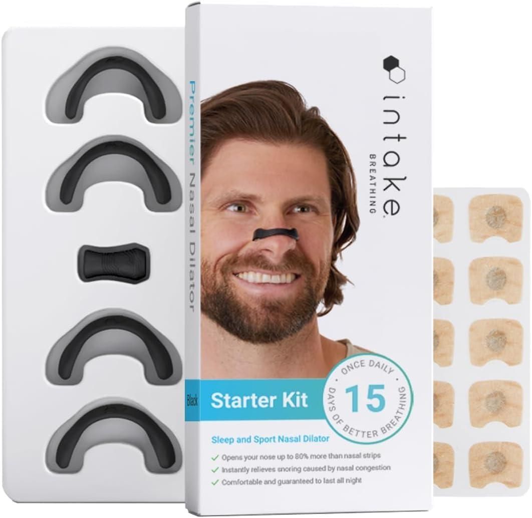 Intake Breathing Starter Kit with nasal dilators and patches on a white background