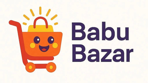 Logo of Babu Bazar with a smiling shopping cart on a white background